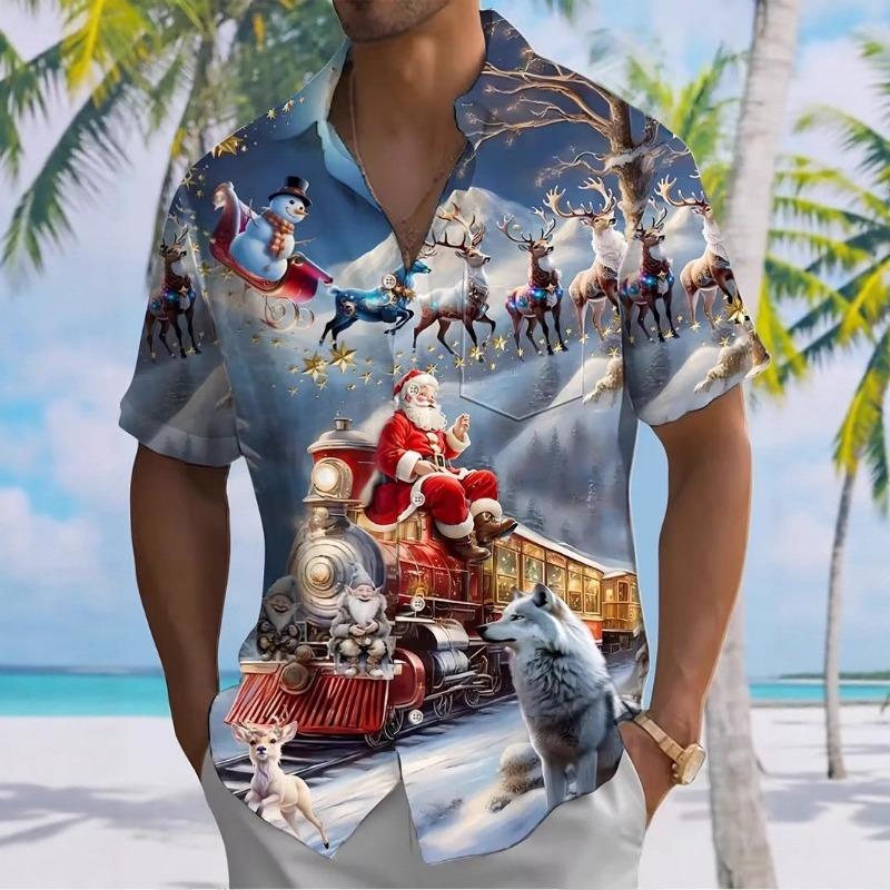 Autumn and Winter Men's Short Sleeved Shirt New Year's Christmas Pattern Digital Printed Shirt Top Men's Casual Shirt