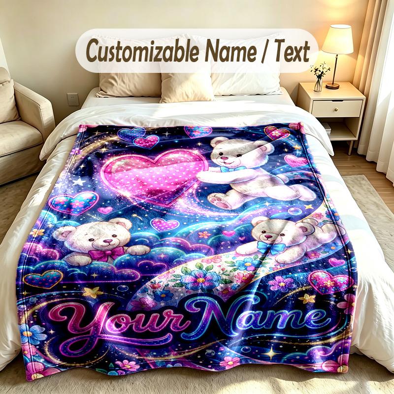 Teddy Bear Theme Custom Blanket Personalized Name & Text Customized Soft Warm Throw Blanket Home Decor