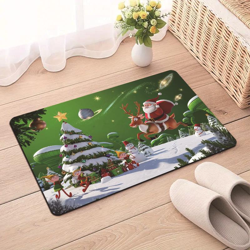 Christmas Traditional Fairy Tale Santa Claus Snowman Tree House Festive Decorative Carpet Rug For Home Decor Holiday Decoration