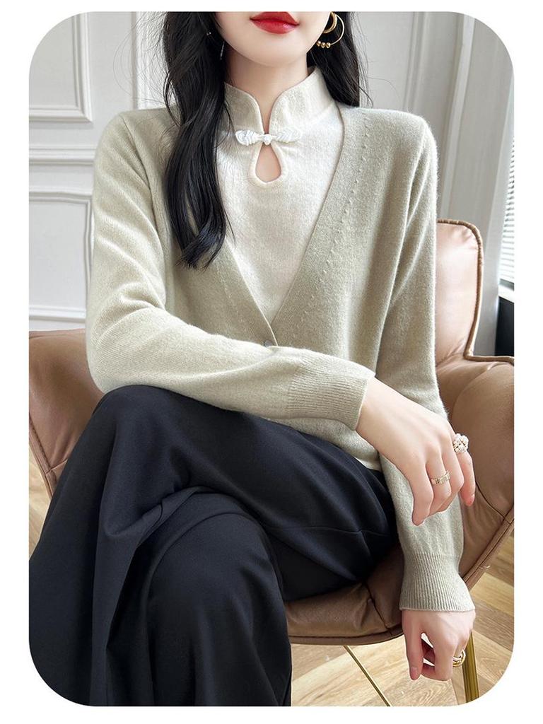Frog Button Stand-Up Collar Cashmere Sweater - Chinese Style, Women's Autumn/Winter High-End Pullover