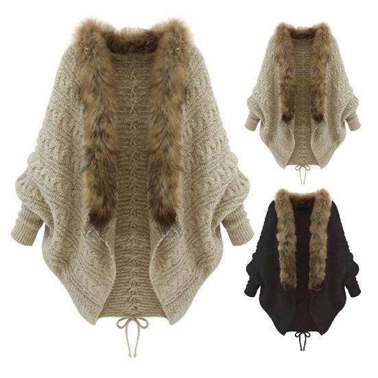 Damen Langarm Strickjacke Offen Vorne Zopfmuster Mantel mit Kunstfellkragen Winter Warm Oberbekleidung