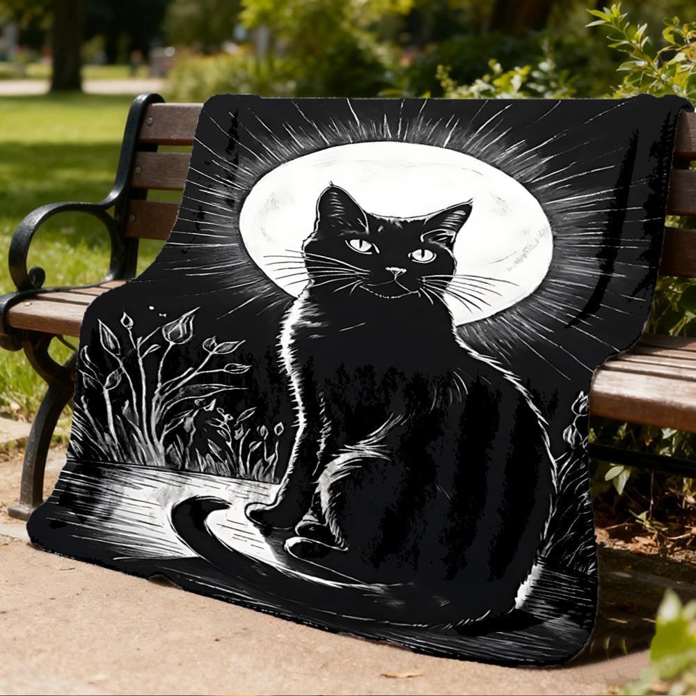 1pc Moonlit Cat Throw Blanket Polyester Fiber, Lightweight Flannel, Soft & Warm, All Season Use for Outdoor, Camping Digital Print