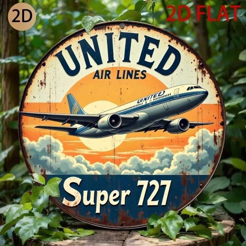 Retro Aviation Metal Wall Poster 20cm Round Aluminum 2D Airplane Garage Decor