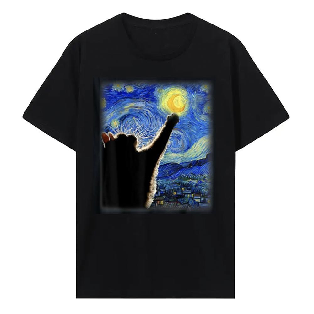 

Футболка Ван Гог Звездная ночь Кот Хип-хоп 100% хлопок Уличная одежда Новая мода Повседневные топы Футболки Классический крой Любитель кошек Вырез 51314 S