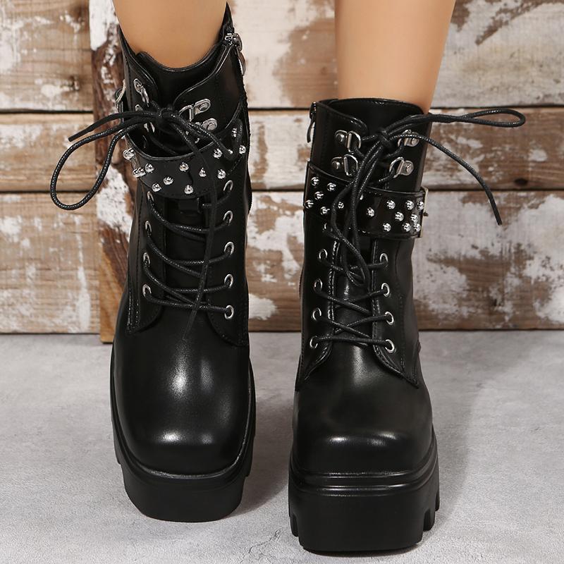 Punk Platform Boots Women 2025 New Motorcycle Boots Women Buckle Straps Women Ankle Boots Chunky Heel Lace Up Shoes