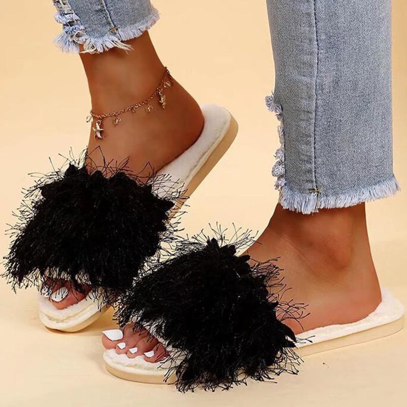 Fashion Indoor Faux Fur Cotton Slippers Women 2025 Winter Slip On Non Slip Plush Slippers for Woman Soft Flat Heel Slides Ladies