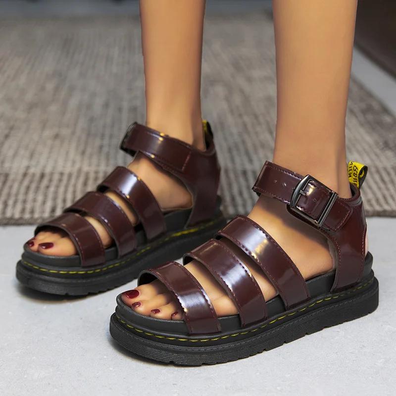 Fashion 2025 Large Summer New Thick Sole One Line Casual Roman Sandals Women's Cross Border Round Head Buckle Shoes