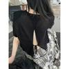 Womens Solid Color Backless Drawstring Short Sleeve Blouse