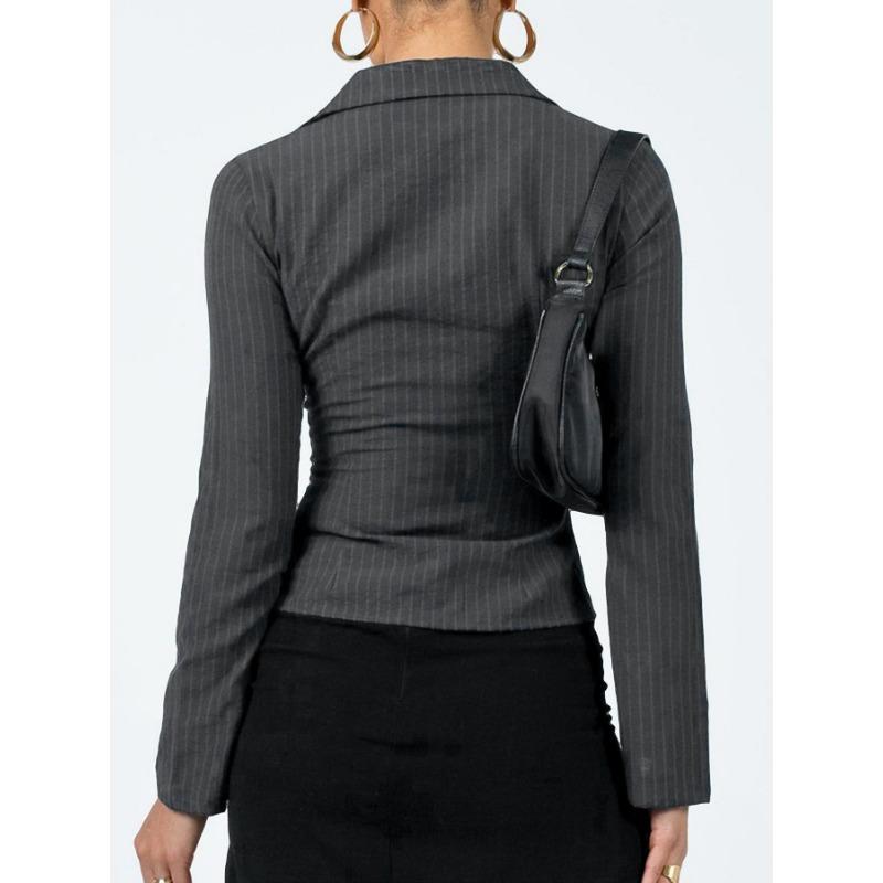 Mode Chemise Rayée Coupe Ajustée pour Femme Manches Longues Blouse Élégante Col de Chemise Bureau Décontracté Hauts Courts Simples Simples Printemps Été Streetwear Vêtements de Base
