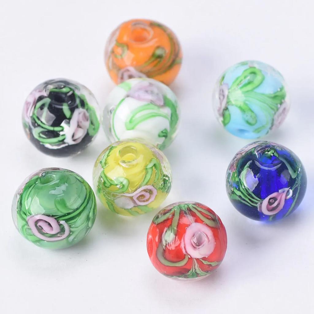 10pcs Round 12mm Flower Pattern Handmade Lampwork Glass Loose Beads For Jewelry Making Accessories DIY Crafts Findings