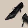 2026 New Summer French Black Pointed Patent Leather Mid-heel Overhead Sandals for Women Retro Skinny Heel Back Empty Shoes