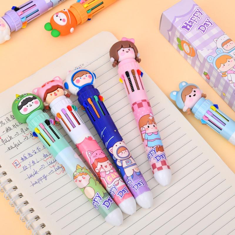 1Pc10 Colors Cute Cartoon Ballpoint Pen Kawaii Multi-Color Writing Supplies Notes Paintings Hand-Held Pens Student Gift