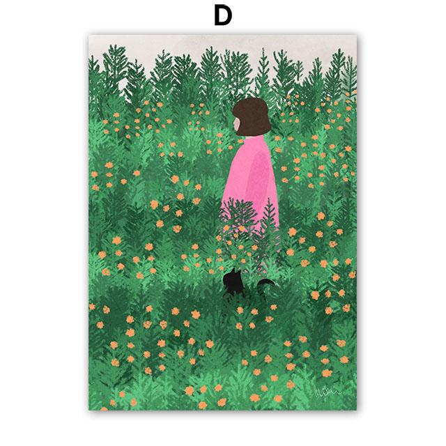 Boho Abstract Girl Garden Flowers Cat Illustration Wall Art Canvas Painting Nordic Poster And Prints Pictures Living Room Decor