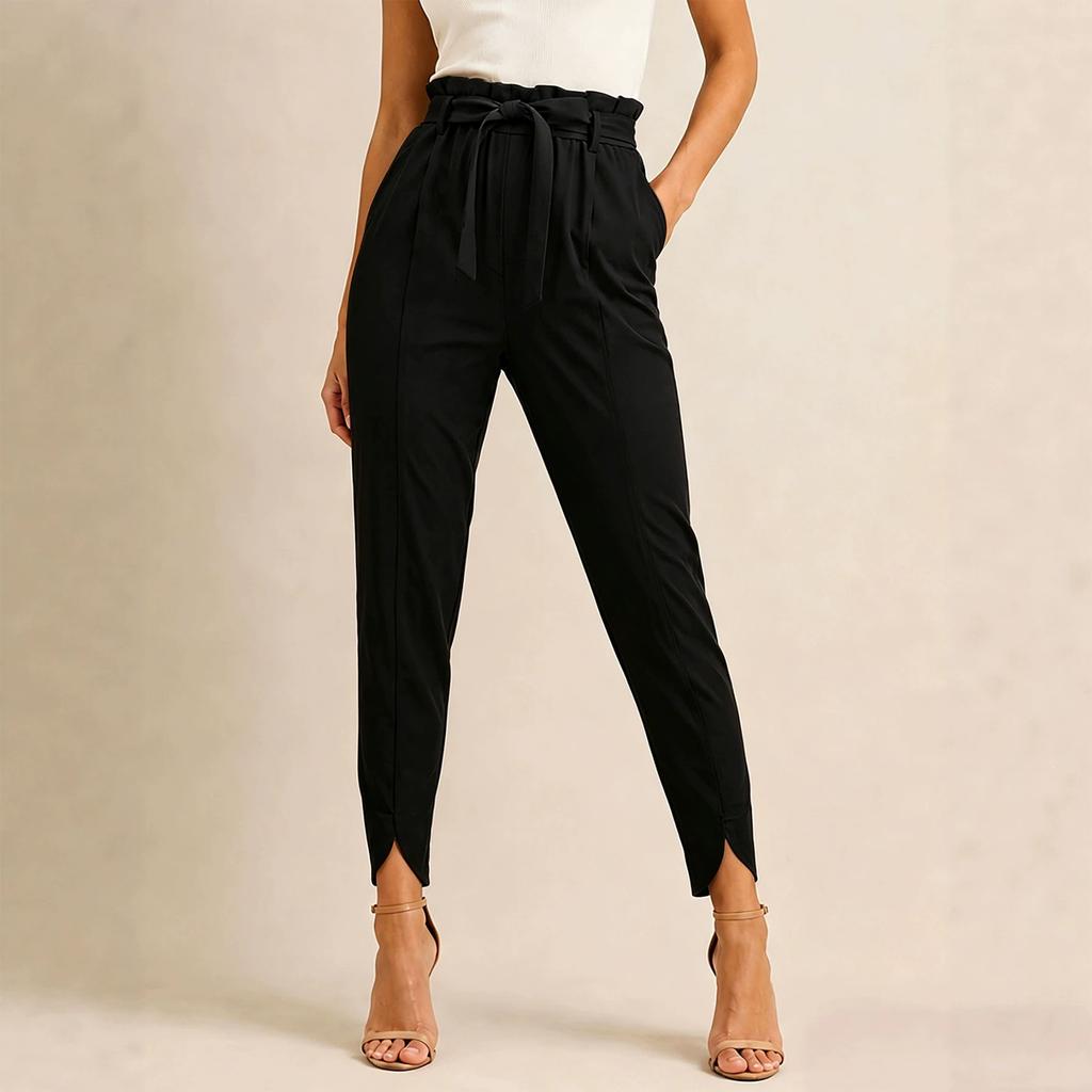 Women's Color Slim Fit Pleated Pants with Pockets and Tie Waist for Casual Daily Wear