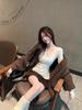 Chic V-Neck Lace Patchwork Long-Sleeve Slim-Fit Korean Style Top for Autumn/Winter