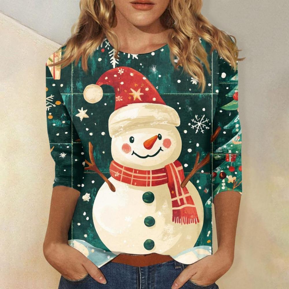 Christmas Limited Edition Women's 3D Snowflake and Snowman Print Round Neck Long Sleeve Hoodies Fashion Casual Long Sleeve Top