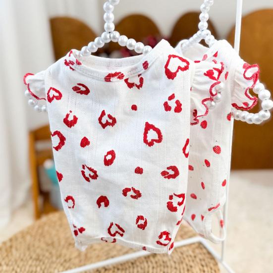 Dog Summer Cotton Shirts Heart Printed Ruffle Sleeveless Puppy Vest Soft Breathable Sweet Pet Outfit for Small Dogs Cats