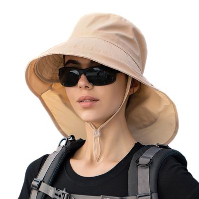 Women Sun Hat with Neck Flap Wide Brim UV Protection Bucket Hat with Ponytail Hole Chin Strap for
