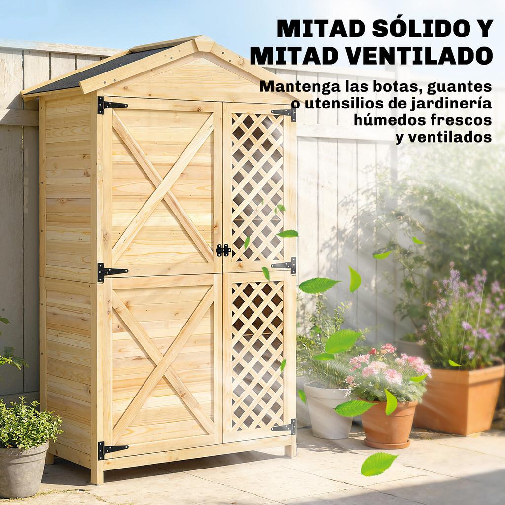 Outdoor Wooden Cabinet With Sloped Asphalt Roof 2 Doors With Latch 2 Shelves 101.5x49x176 Cm Natural