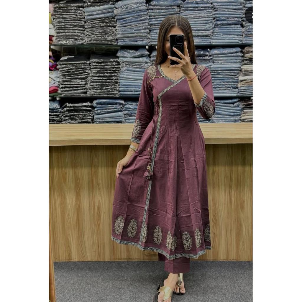 Indian Pure Cotton Anarkali Suit Pakistani Party Wear Kurti Pant Dupatta Set