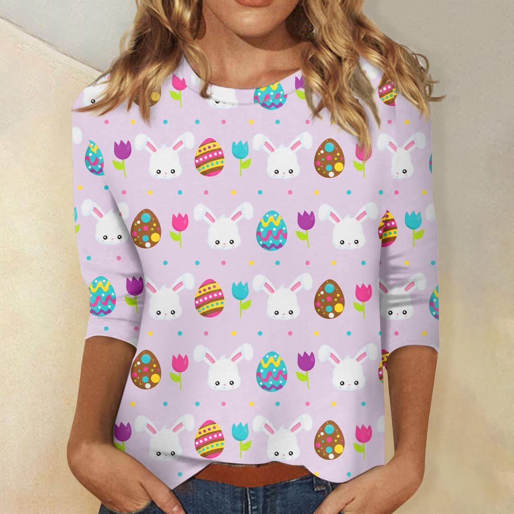 Damska koszula wielkanocna z rękawem 3/4, okrągły dekolt, luźny krój, codzienna koszula