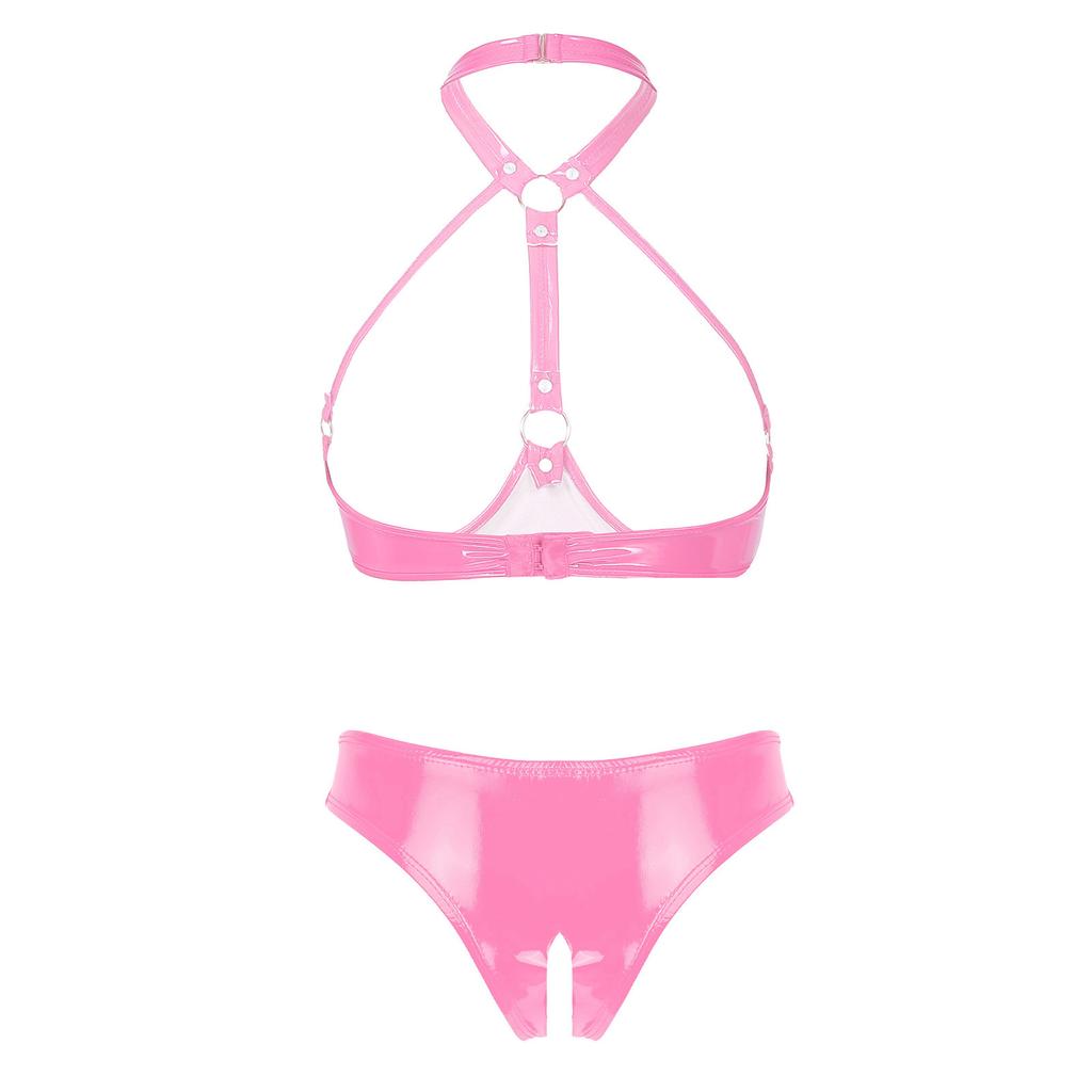 Womens Patent Leather Lingerie Set Halter Neck Open Cup Bra Crotchless Briefs Wet Look Clubwear Night Outfit