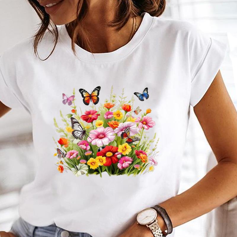 (Asian Size) Butterfly Cute Casual T Shirt Lady Female Top Printed Clothing  Fashion Graphic Short Sleeve T-shirts Women Tee