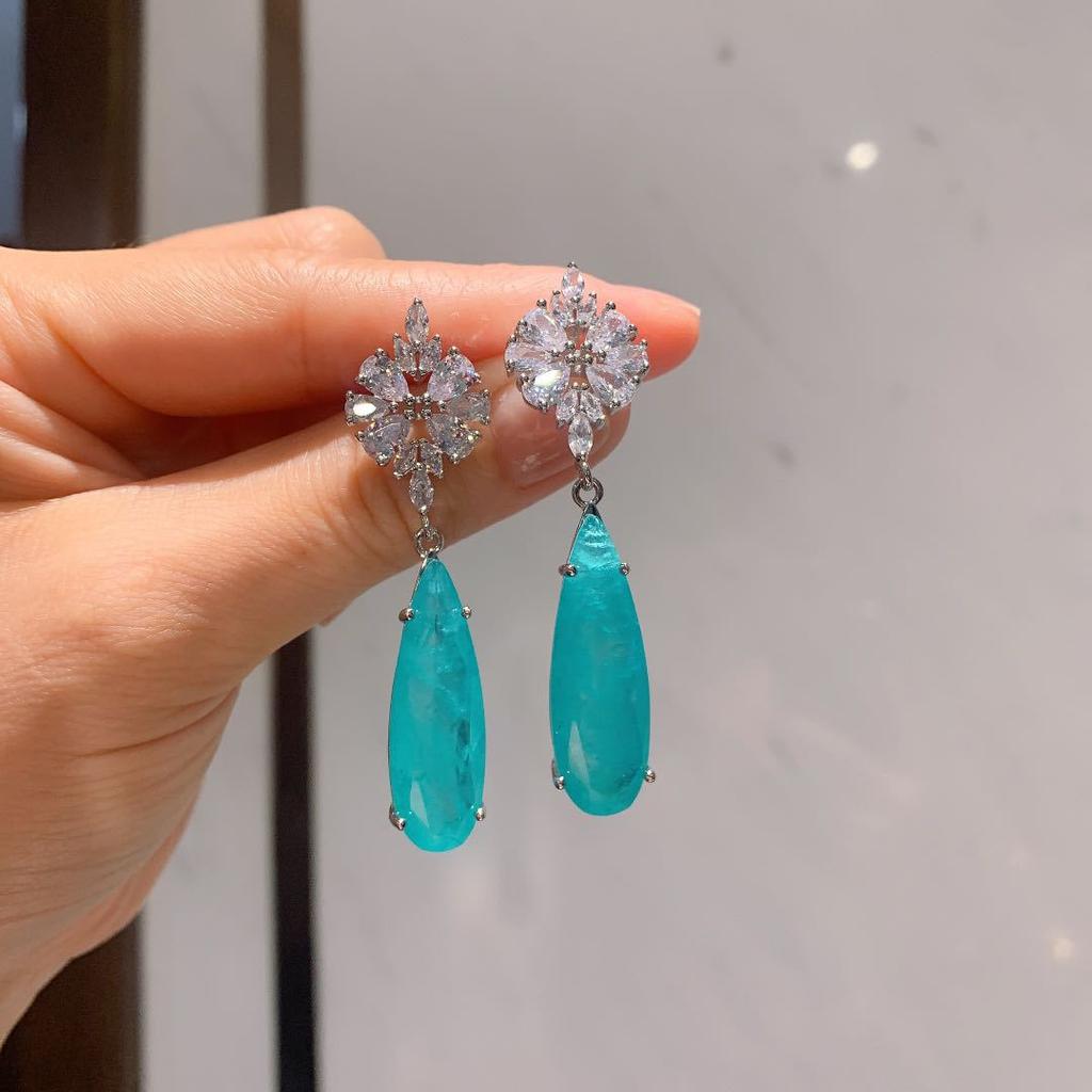 Jewelry Retro Imitation Paraiba Big Earrings Evening Water Drop Main Stone 10 * 30 Stud Earrings