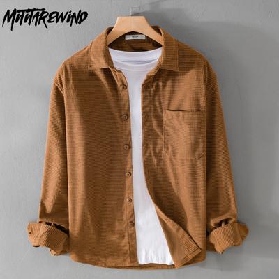 Autumn Long Sleeve Shirts for Men Retro Style Corduroy Button Shirt Solid Color Turn-down Collar Shirt with Pocket Simple Men Clothing