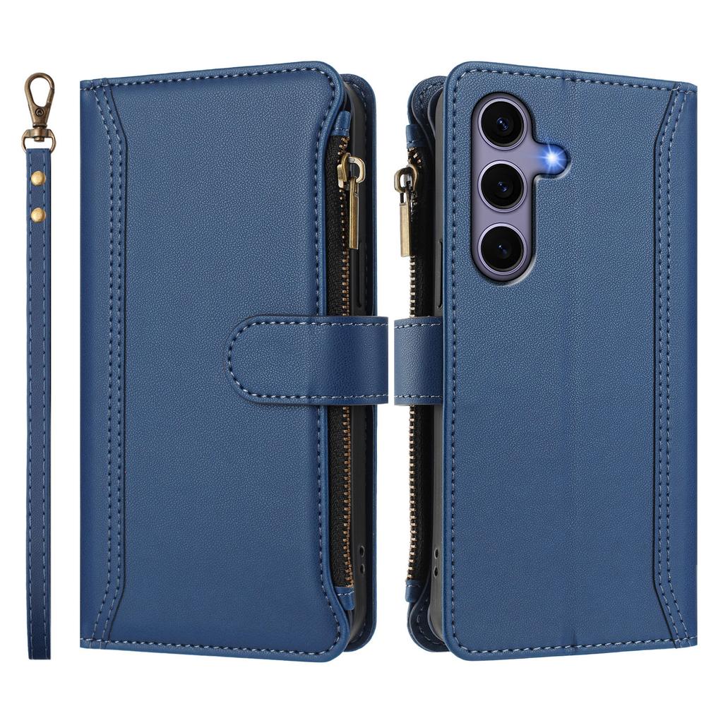 For Samsung Galaxy S24/Galaxy S25 Leather Case 9 Card Slots Zipper Wallet Stand Phone Cover with Wrist Strap