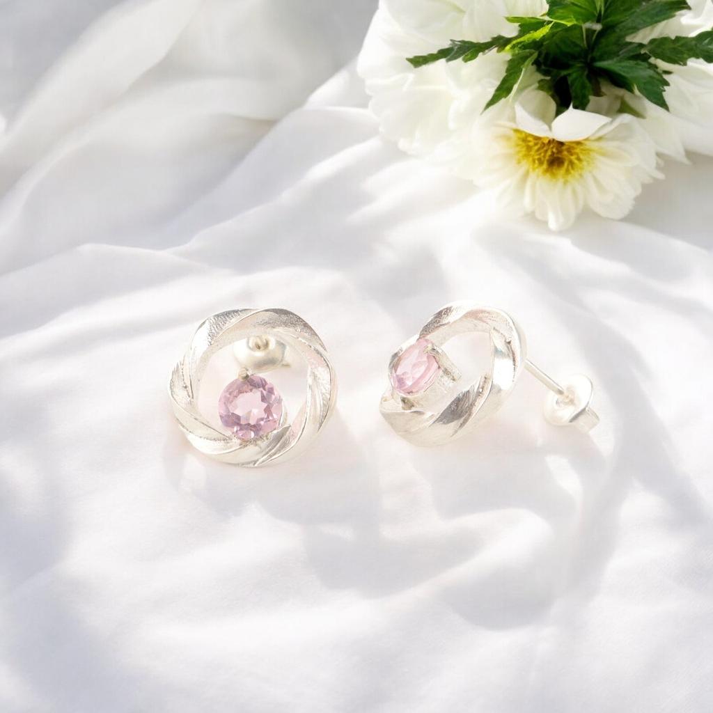 Natural Pink Morganite Gemstone Handmade 925 Sterling Silver Stud Earrings 0.64" CE-13-7