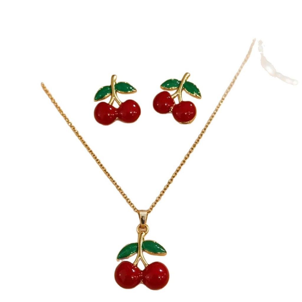 Versatile Cherry O-Shaped Chain Pendant & Earring Set - Niche Design Stainless Steel Clavicle Jewelry
