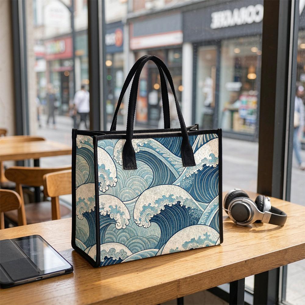 Vintage Wave Print Casual Tote Bag Daily Use Shoulder Bag Stylish Handbag for Women Outdoor Travel Commute Bag