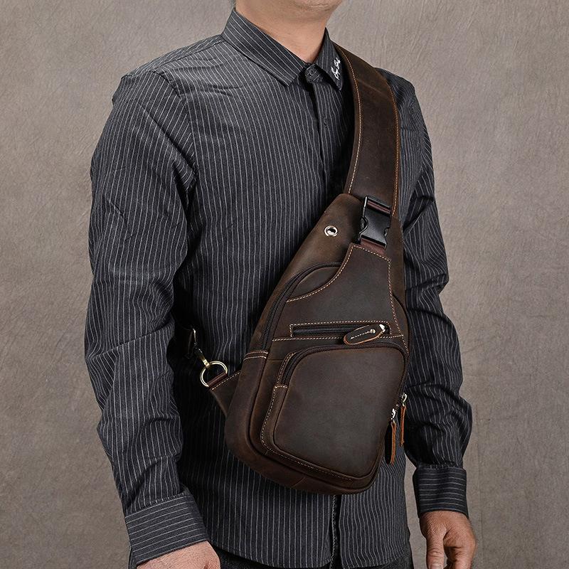 Crazy Horse Leather Breast Bag Men'S Casual Retro Oblique Span Bag First Layer Cowhide Shoulder Bag Commuter Outdoor Leisure Bag