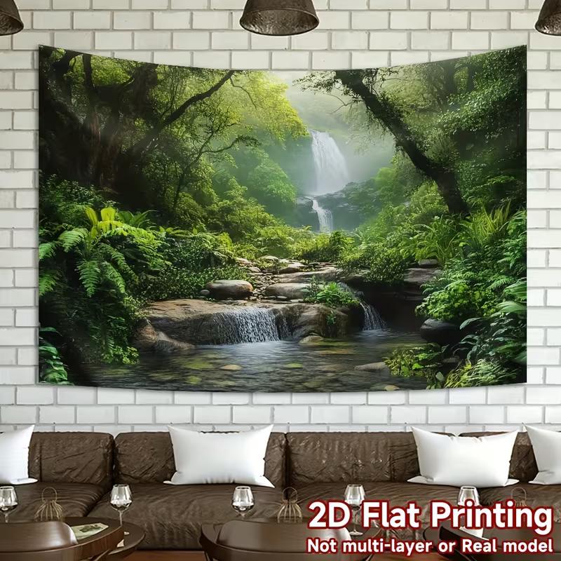 2D Lush Jungle Waterfall Tapestry Misty Stream Backdrop Cloth for Living Room