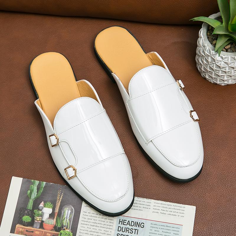 Fashion New Men's White Monk Strap Half Slippers Driving Shoes Casual Patent Leather Mules Moccasins Breathable Loafers Zapatos Hombre