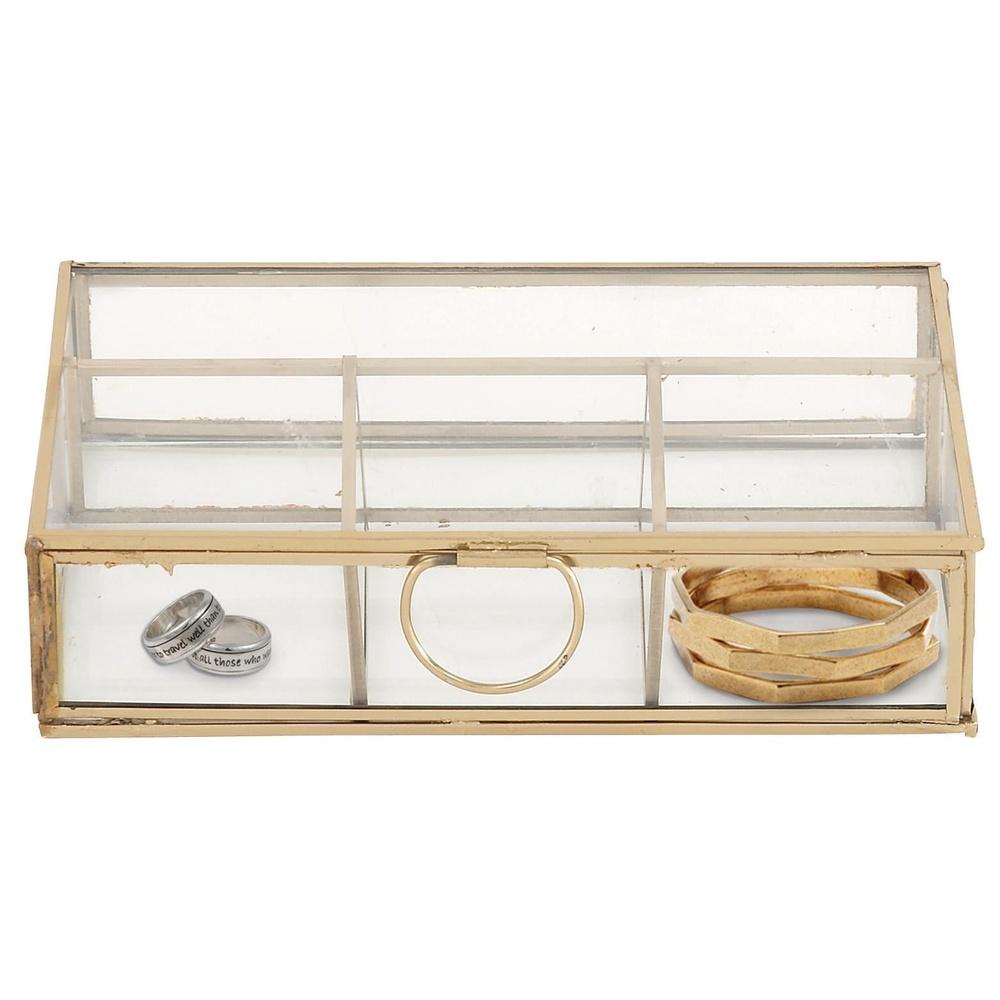 

Elegant Gold Glass Jewelry Box Clear Organizer with Hinged Lid U-Shaped Handle Modern Design Durable Storage Home Decor United States