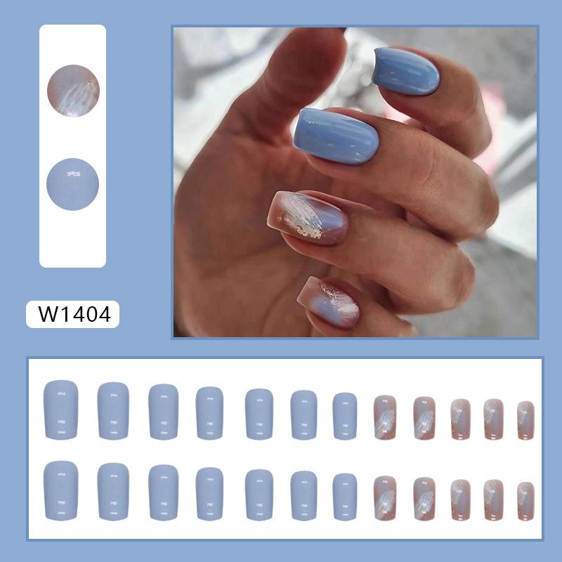 Temperament is simple and white, blue manicure, European, American medium and long square fake nail products, wearing nail mixed batch