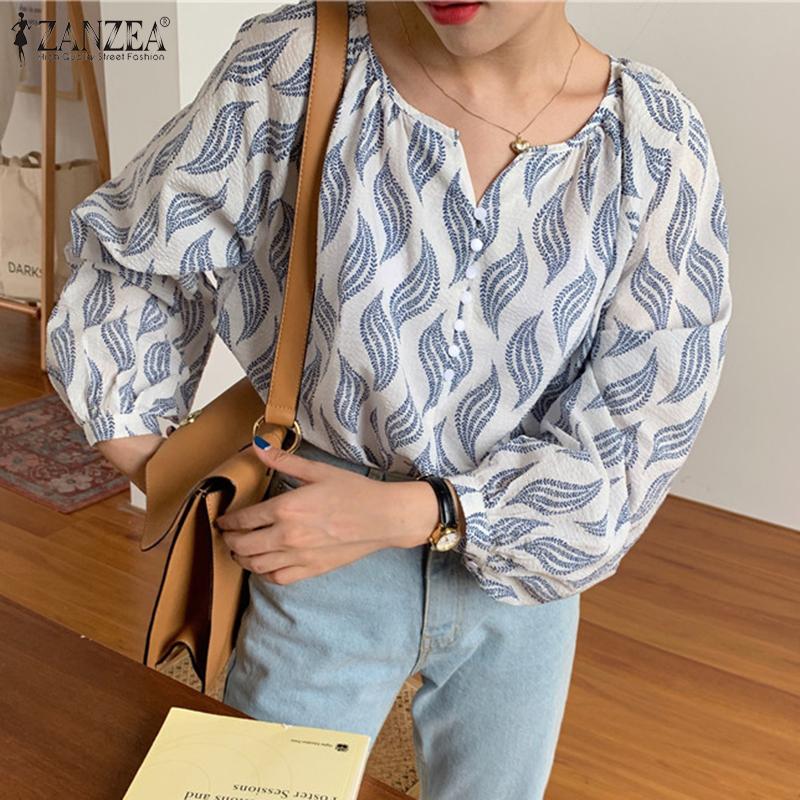 

ZANZEA Лето Повседневный O-образный вырез с длинным рукавом Принт Блузка Рубашки