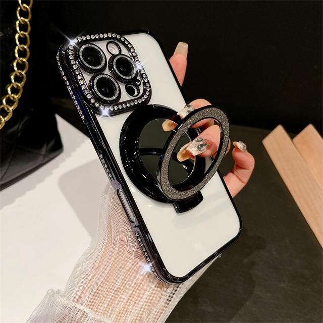 For iPhone 16 Pro Max Luxury Glitter Holder Stand Plating Frame Phone Case For iPhone 11 12 13 14 15 16 Plus Flash Diamond Cover