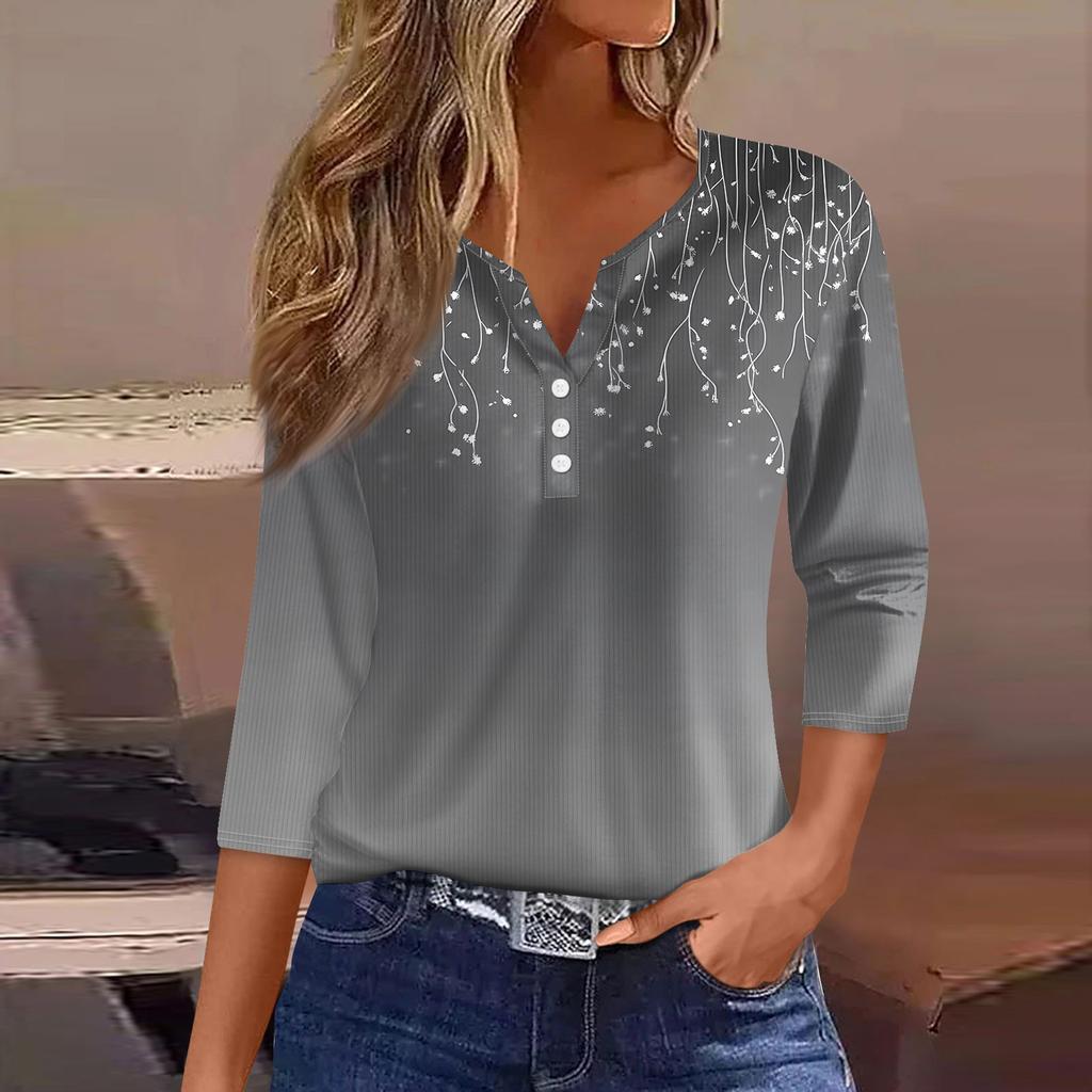 Women's T Shirt Tee Print Button 3/4 Sleeve Tunic Daily Weekend Fashion Basic V- Neck Regular Top