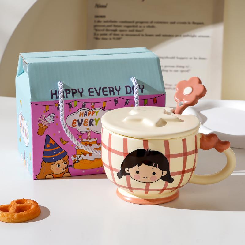 Cartoon Ceramic Cup With Cover, High-Value Household Couple Water Cup Gift Box, Small Gift Idea