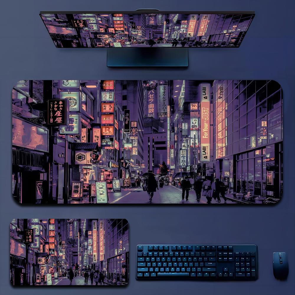 Japan Aesthetics Purple Neon City In Stocked Laptop Gaming Mice Mousepad Size for large Edge Locking Game Keyboard Pad