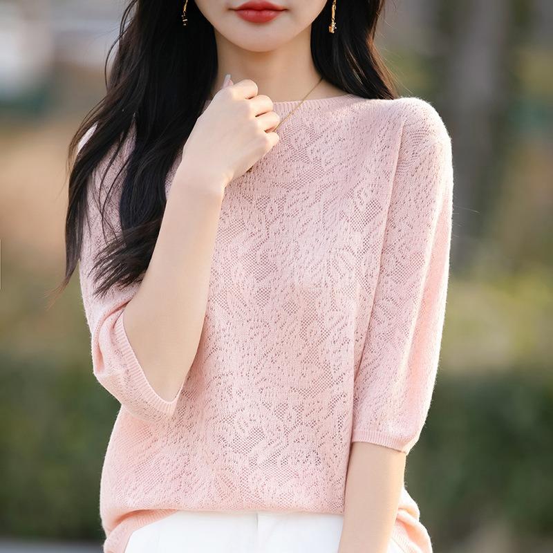 Spring New Thin Fine-spun Fine Wool Openwork Knitted Short-sleeved Top
