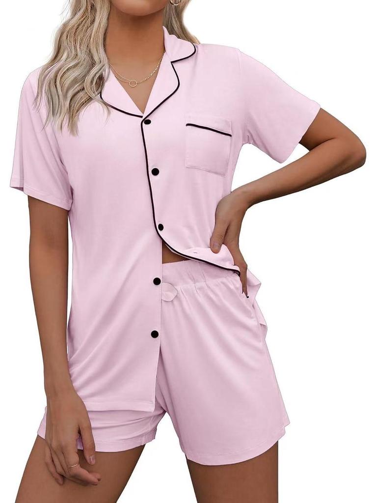 European & American Casual Lapel Women's Short Sleeve Cardigan Pajama Set with Shorts