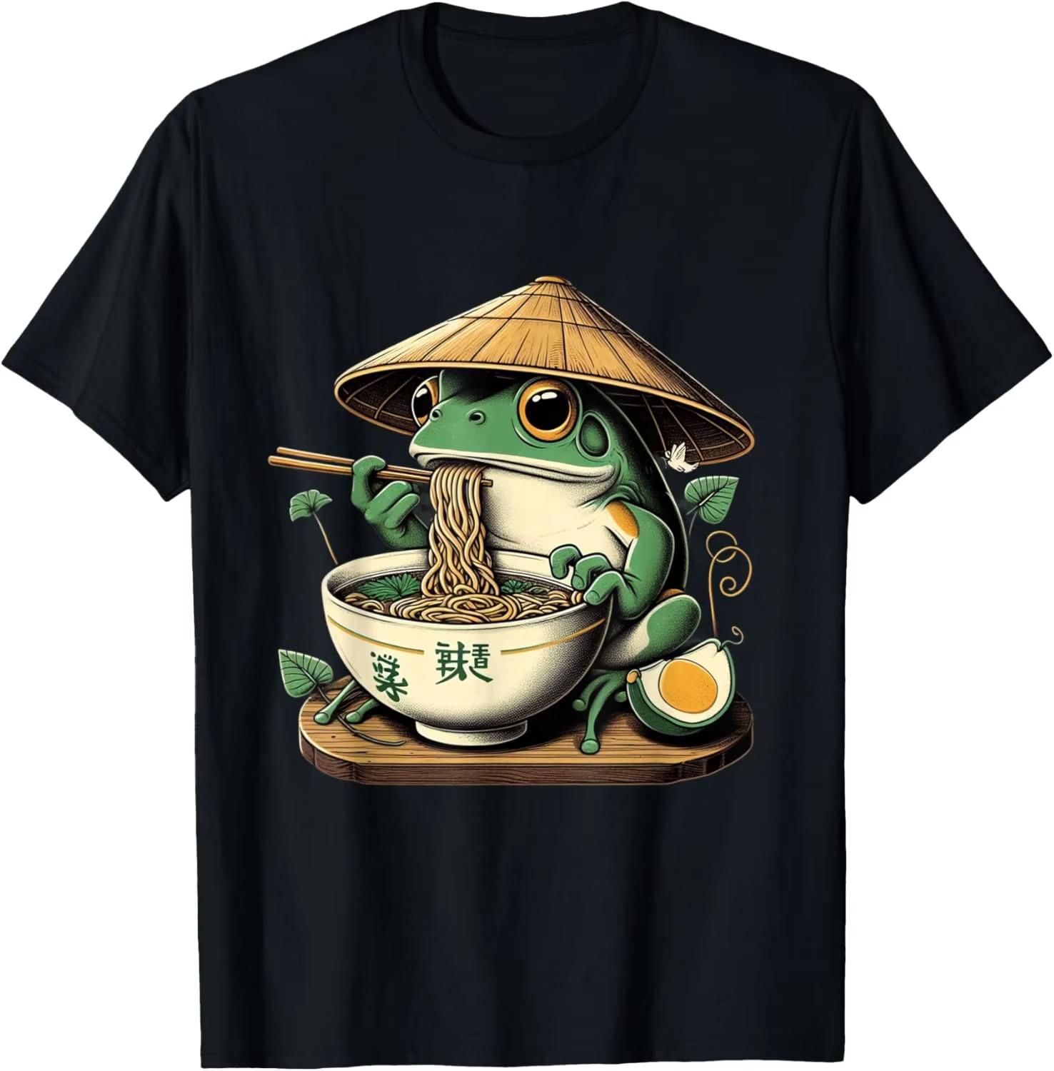 

Frog Eating Ramen Graphic Tee Kawaii Japanese Noodles Anime Lover T-Shirt Summer Casual Round Neck T-Shirt - Men s Summer Cot... S разноцветный
