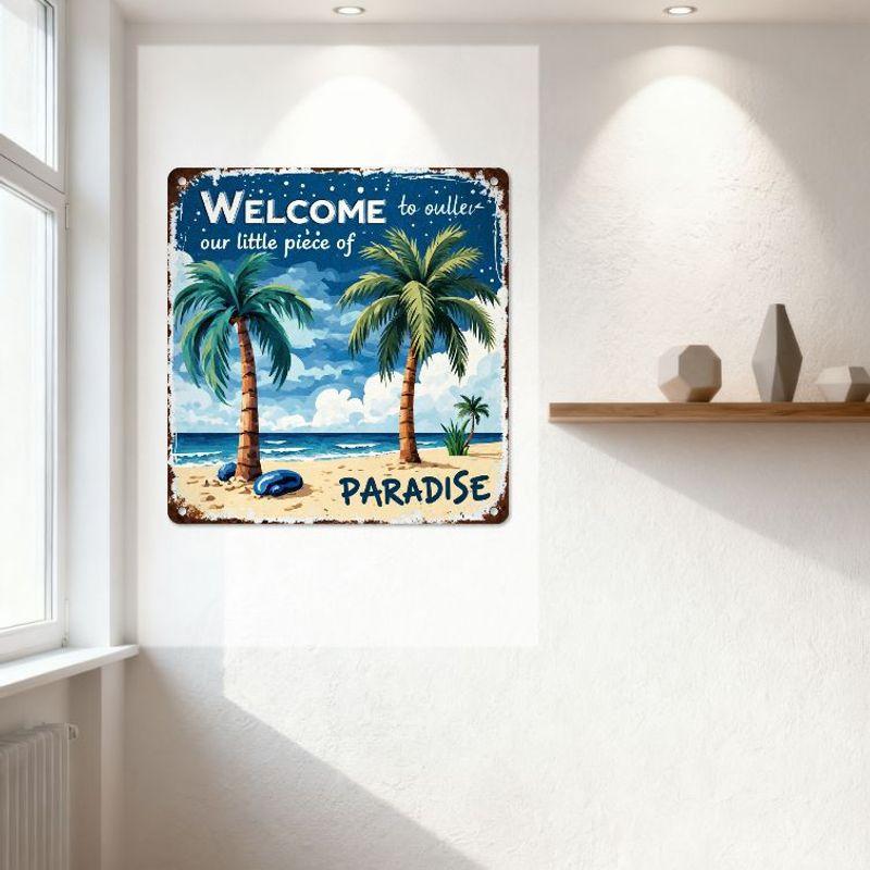 Vintage Metal Beach Sign Welcome To Our Little Piece of Paradise Rusty Distressed Edge Tin Sign for Home Bar Café Beach House De