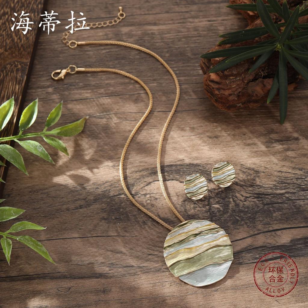 New Color Oil Round Line Wave Earrings Necklace Set Small Fresh Beach Women's Jewelry Set