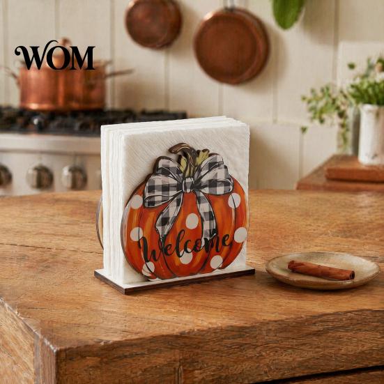 Autumn Kitchen Countertop Organizer Thanksgiving Solid Wood Napkin Holder, Fall Harvest Gnome Scarecrow Turkey Tissue Rack Dispenser, Waterproof
