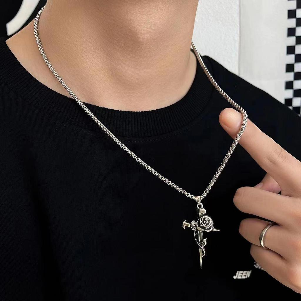 1Pcs Vintage Rose Cross Pendant Necklace For Women Men Stainless Steel Chain Punk Goth Trendy Accessories Choker Gothic Jewelry
